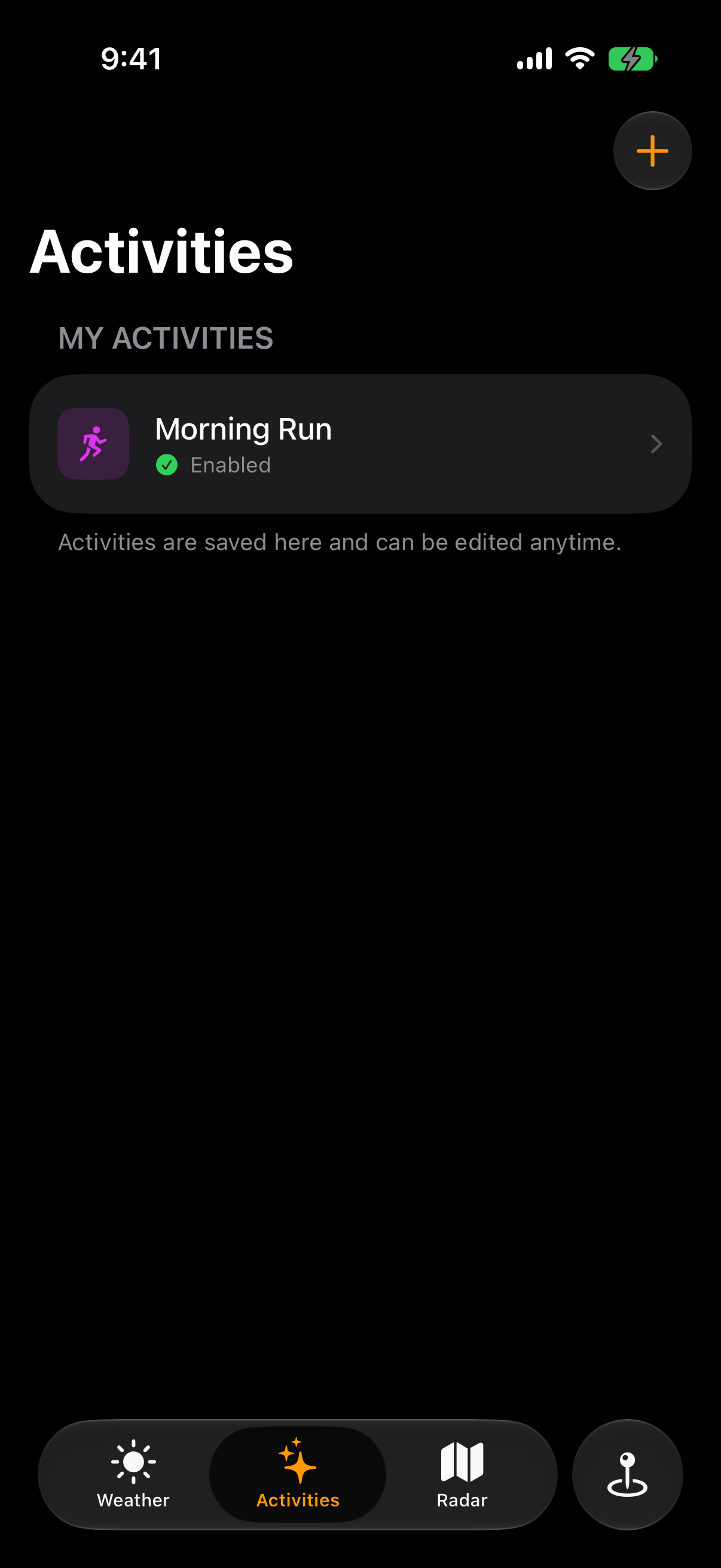 Klimate Activities screen showing a saved morning run