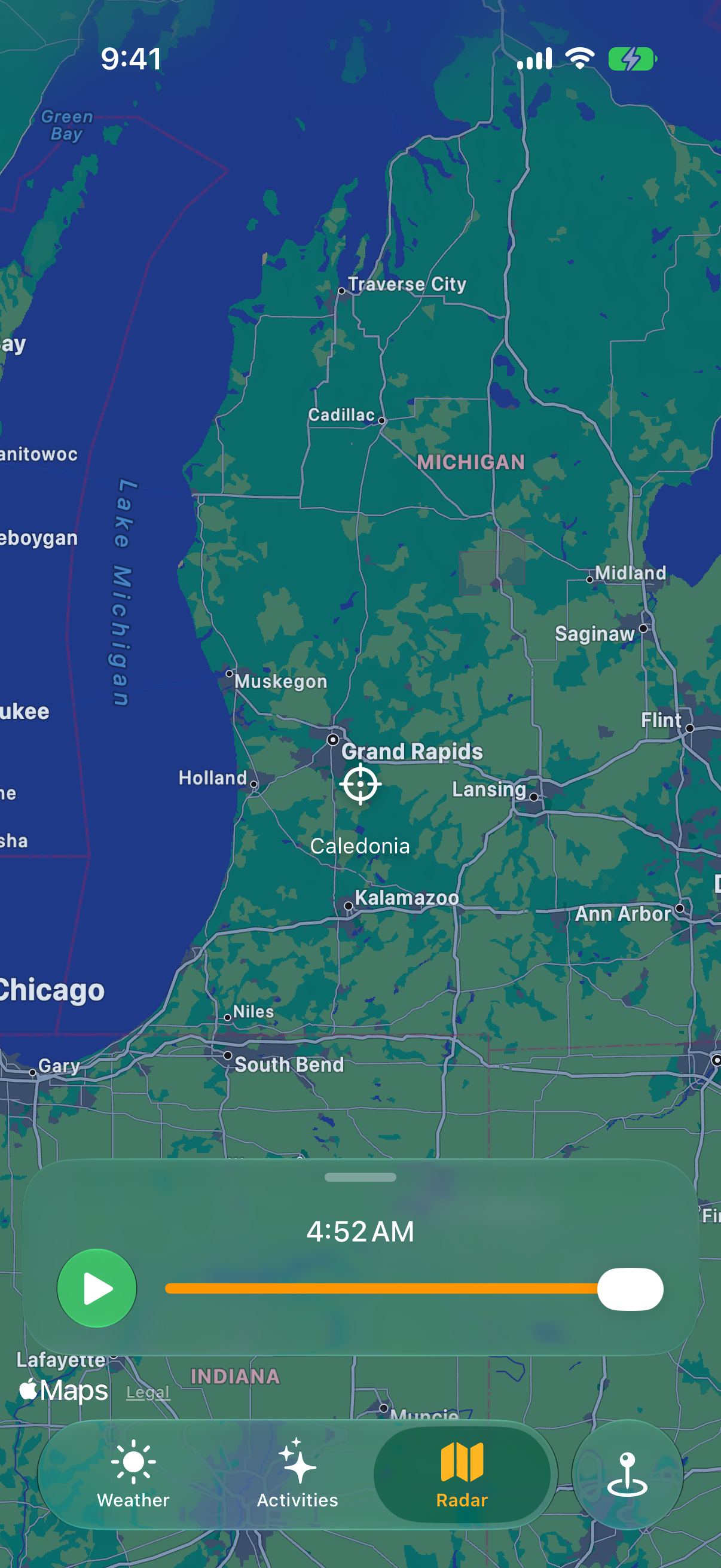 Klimate Radar screen centered on western Michigan
