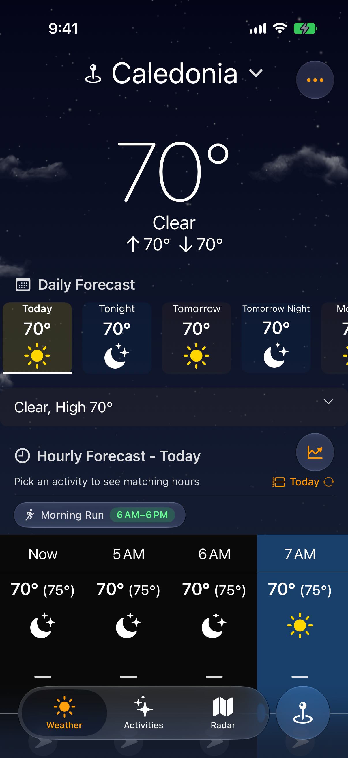 Klimate Weather screen showing current conditions and hourly guidance